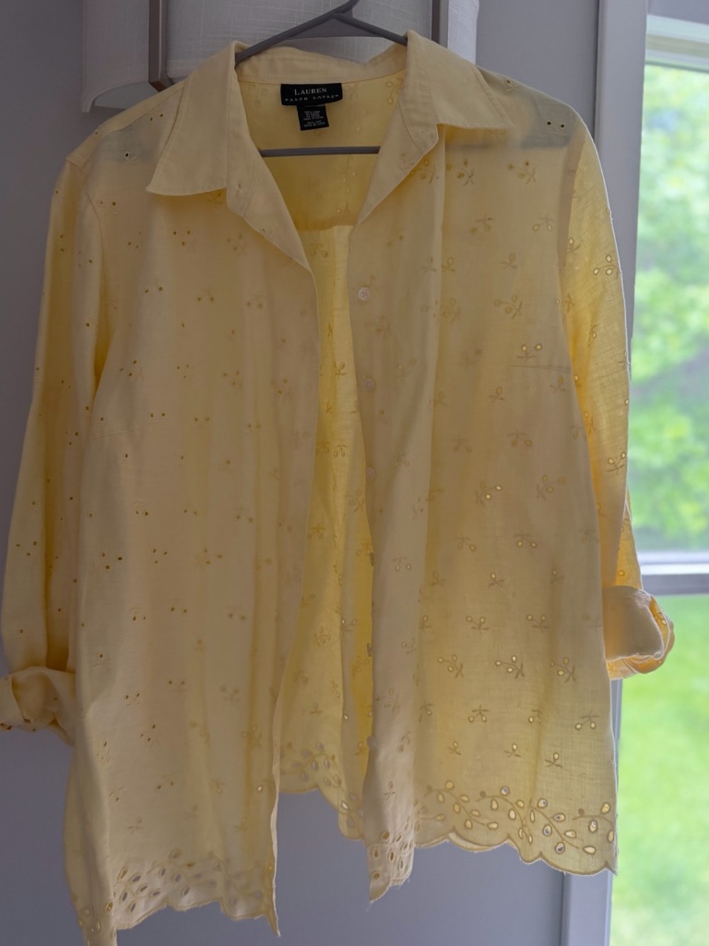 Ralph Lauren 100% linen Pale Butter Yellow Eyelet Button-Down Shirt
